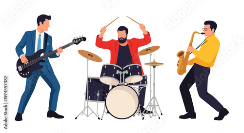 Collection set vector flat style of 3 musicians, band performance characters isolated on clean background for music and entertainment concepts