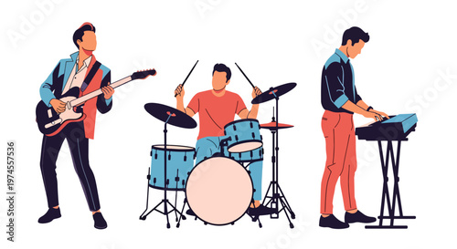 Collection set vector flat style of 3 musicians, band performance characters isolated on clean background for music and entertainment concepts