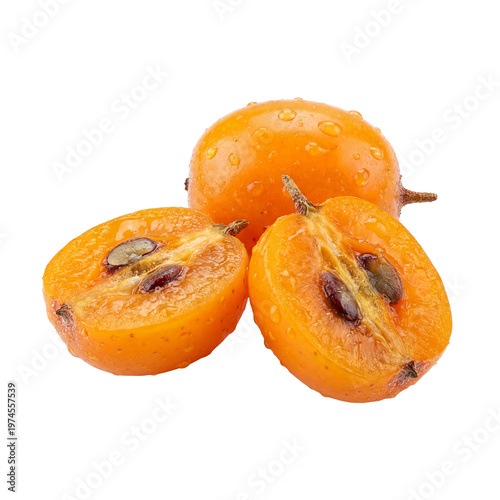 Fresh, Ripe and Wet Apricot Fruit Cut in Half Showing Seeds on White Background