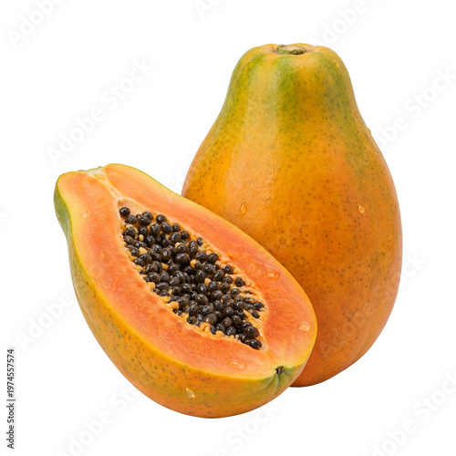 Fresh Ripe Papaya Fruit Cut in Half Revealing Seeds, Exotic Tropical Food