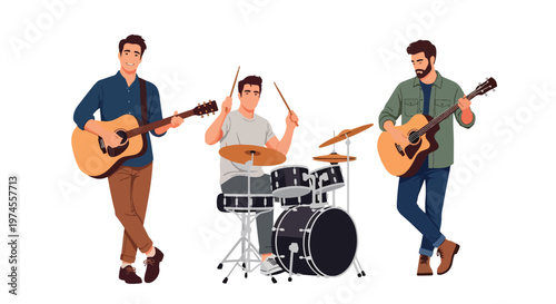 Collection set vector flat style of 3 musicians, band performance characters isolated on clean background for music and entertainment concepts