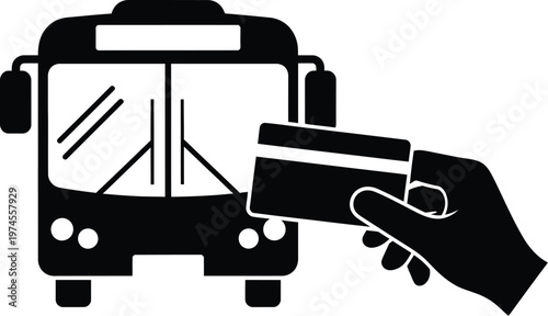 Hand holding a credit card to pay for bus fare in front of a bus front view, symbolizing modern public transportation payment methods.