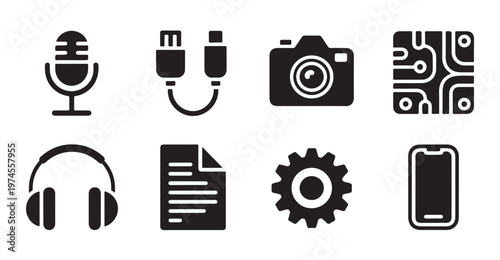 Electronic technology and media devices icon set including camera microphone and smartphone.