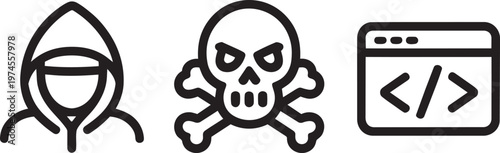 Cyber security and hacking line icons featuring hooded figure skull and crossbones and browser code
