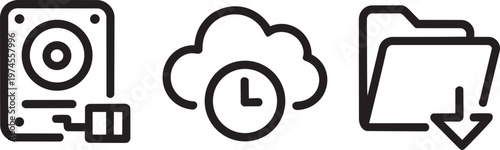 Data storage and backup icon set featuring hard drive, cloud clock, and folder download symbols