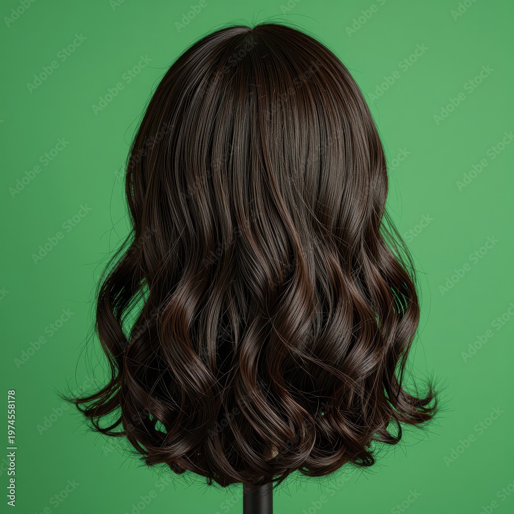 Naklejka premium Dark Brown Synthetic Wavy Hair Wig on Mannequin Head Against Green Background