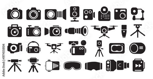 Collection of camera and video equipment icons for digital content creation.