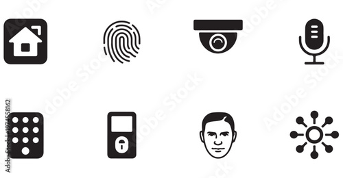Smart home security icon set, house technology system, modern surveillance and safety kit.