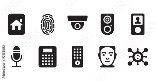 Smart home security technology icon set, modern house automation and surveillance symbols.