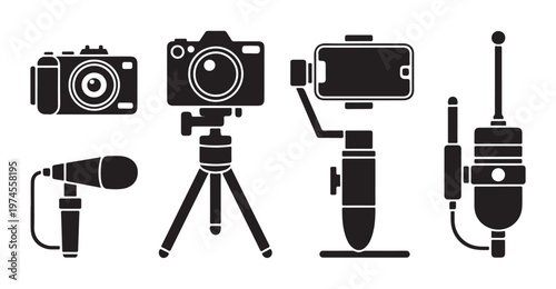Collection of video production equipment icons on white background.
