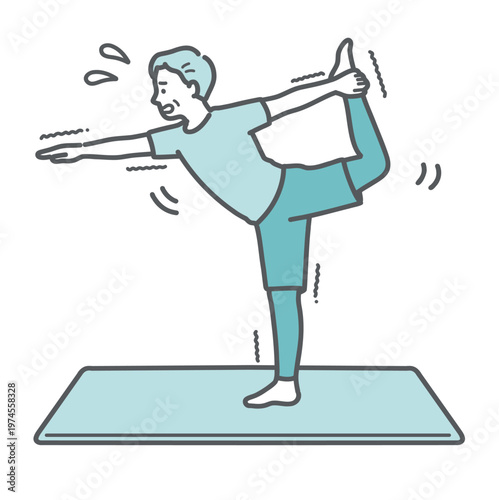 バランスを取るのに苦戦しながらダンサーのポーズをするシニア男性のイラスト