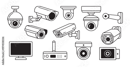 Cctv camera line vector icons. security video surveillance system for home and business.