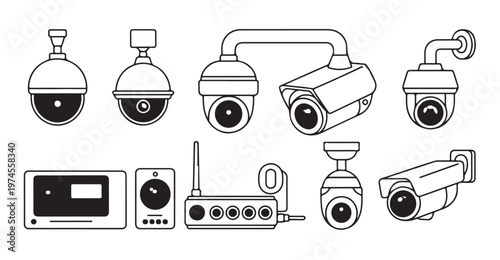 Security cameras line vector icons. cctv video surveillance system for protection and safety.