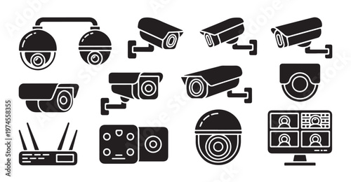 Cctv camera system black silhouette vector icons. security video surveillance technology set.