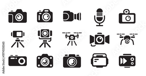 Collection of various camera icons for photography and videography on white background.