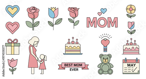 Sweet and charming Mother's Day themed vector icon collection featuring hearts, roses, cakes, gifts, and heartwarming mother-child illustrations