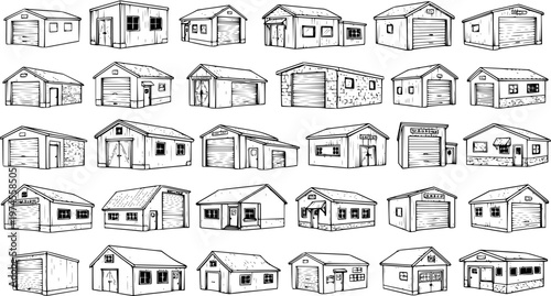 Hand-drawn Black and White Line Art Set of Garages, Sheds, Workshops, and Utility Buildings for Architecture, Construction, Storage, and Automotive Industries.
