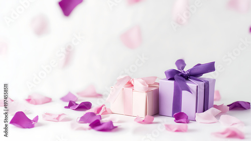 Pink and purple gift boxes with ribbons and scattered rose petals on white background