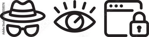 Privacy, surveillance, and security icons in outline style for hat and glasses