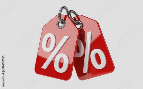 Two red discount tags hanging on a hook with percentage symbols indicating sales promotions