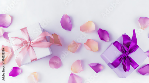 Elegant gift boxes with pink and purple ribbons and rose petals on white background