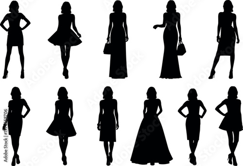 Black Silhouette Collection of Fashionable Women Posing in Various Elegant Dresses Skirts Gowns and Stylish Outfits for Professional Vector Design