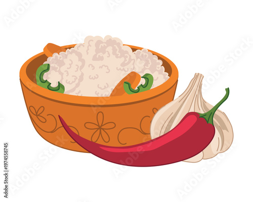 Vegetables marinated in brine lie on a plate. Vector illustration of pickled vegetables. Cauliflower, carrots, peppers, and garlic are marinated at home. Served as an appetizer for Vegetarian lunch.