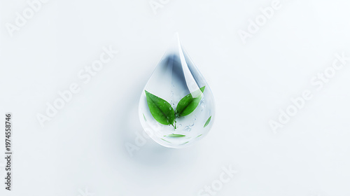 Floating water droplet with green leaf inside eco concept on white background