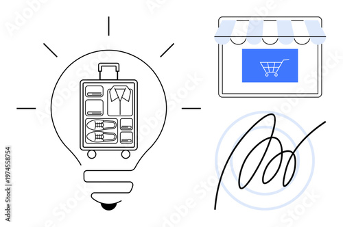 Travel booking, online shopping, innovation, retail business, e-commerce security, technology. Luggage inside a bulb, storefront and digital signature icons. Travel booking and online shopping