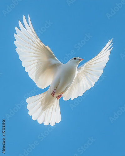 Weiße Taube, Friedenstaube, fliegt am blauen Himmel, Generative AI