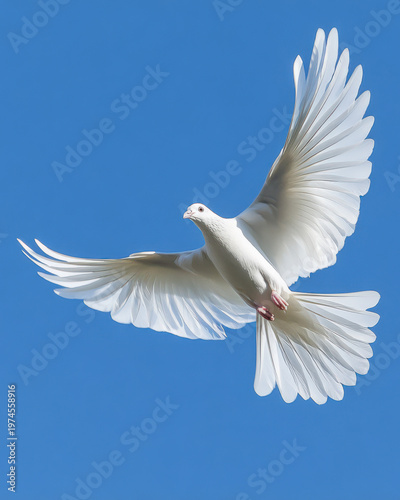 Weiße Taube, Friedenstaube, fliegt am blauen Himmel, Generative AI