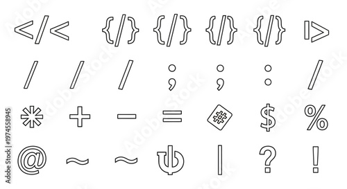 Vector outline set programming, math, and punctuation symbols. Essential graphic characters, operators for digital design, web development, and content