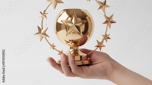 A golden trophy with star decorations being held in a hand against a plain background