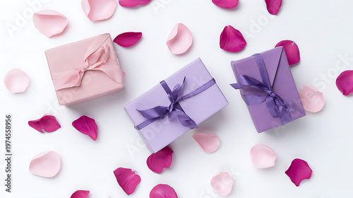 Gift boxes with ribbons and scattered rose petals on white background for valentine's day or birthday