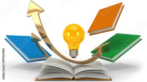 The intersection of education, innovation, and growth symbolized by books and lightbulb