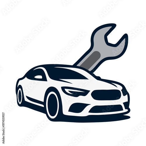 Logo taller mecánico. Dibujo con líneas de un vehículo de lujo con una llave ajustable