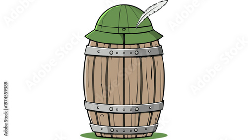 Wooden barrel with metal bands and green hat on top illustrating traditional storage container design vector