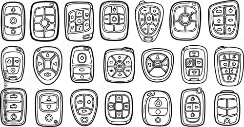 Automotive Car Remote Key Fobs Line Art Collection. Black and white outline sketch of various vehicle security and access devices.