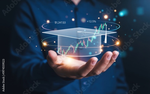 Analyst examining a digital stock market trend visualization in hand.