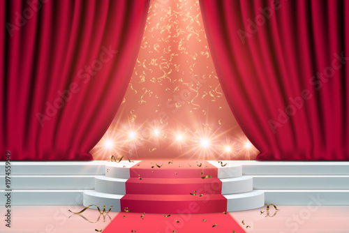 Red carpet stage with spotlights and falling confetti