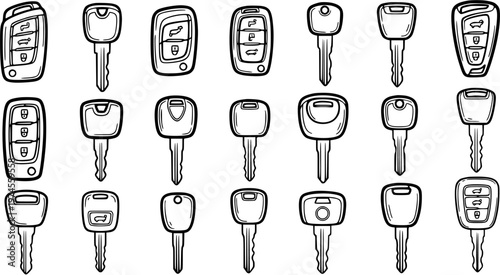 Automotive Car Keys and Remote Key Fobs Hand-drawn Black and White Line Art Outline Doodle Vector Icons Set for Transport