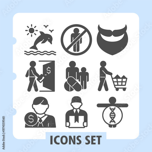 Dolphin, visitor door, financial advisor icons, collection illustrating concepts such as nature, commerce, health, delivery and research. Set of nine glyph icons on white background.