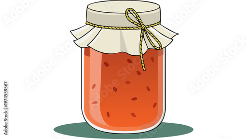 Glass jar filled with preserved fruit jam sealed with cloth cover illustrating homemade sweet spread food vector