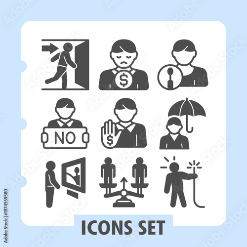 Emergency exit door, no human, gallery visitor icons, collection illustrating concepts such as security, identity, weather, restrictions and activities. Set of nine glyph icons on white background.