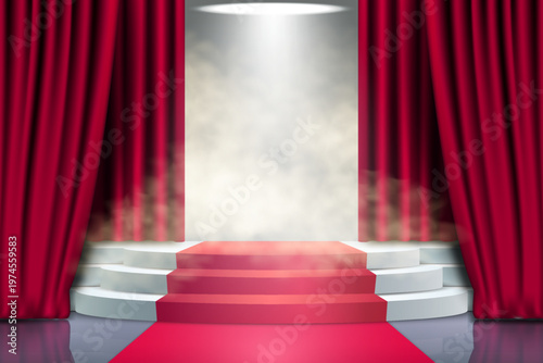 Red carpet leading to spotlighted theater stage