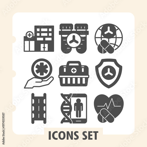 Hospital building, star of life, bed icons, collection illustrating concepts such as laboratory, genetics, medical and healthcare. Set of nine glyph icons on white background.