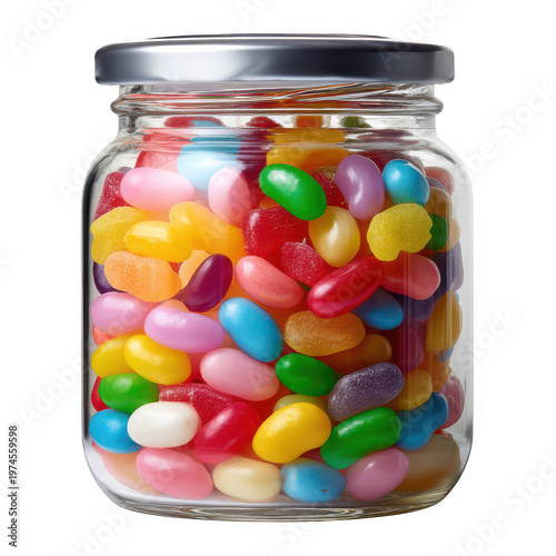 A glass jar filled with a colorful assortment of delicious assorted fruit flavored jelly beans isolated on transparent background