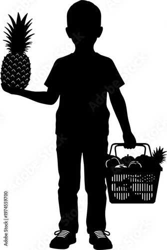 Silhouette of a Young Boy Holding a Large Pineapple and Carrying a Grocery Basket Full of Fresh Tropical Fruits