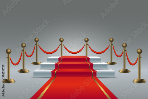 Red carpet leading to podium with gold stanchions