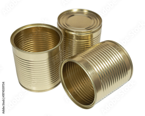 Three tin cans set Isolated on a transparent background close up